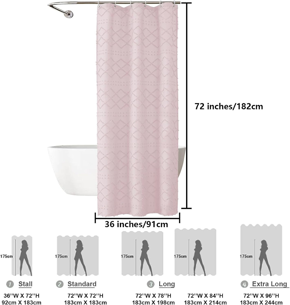 Blush Pink Stall Boho Shower Curtain, Modern Tufted Plaid Striped Narrow Half Size Fabric Shower Curtain, Farmhouse Clip Jacquard Textured Shower Curtains for Bathroom, 36" Wx72 L