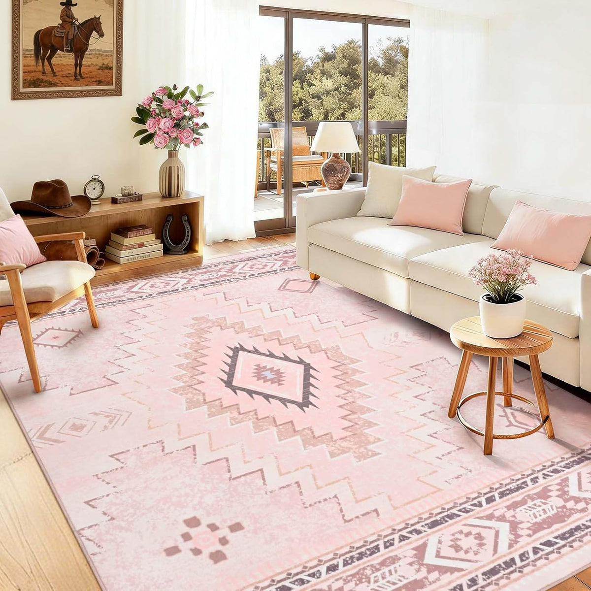 Pink Rug for Bedroom, Western 5x7 Rugs for Living Room