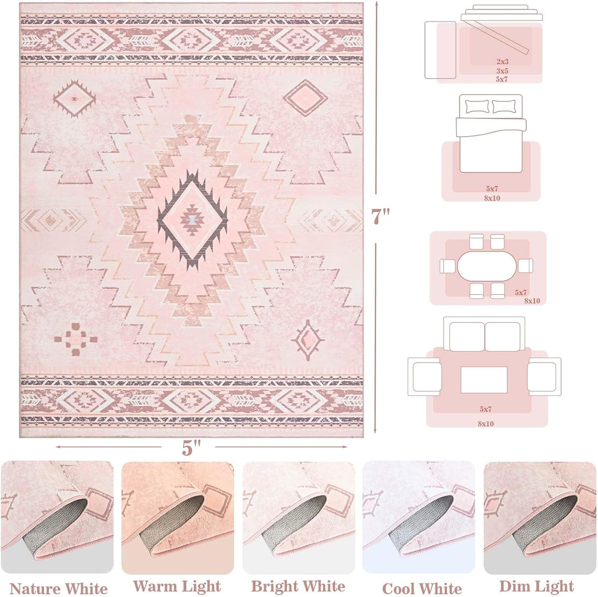 Pink Rug for Bedroom, Western 5x7 Rugs for Living Room