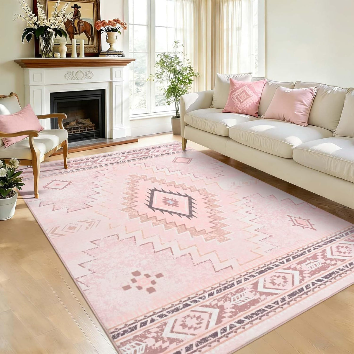 Pink Rug for Bedroom, Western 5x7 Rugs for Living Room