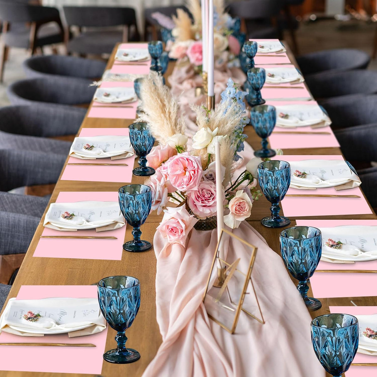 60 Pcs Pink Paper Placemats, Disposable Rectangular Table Setting Mats for Bridal Shower, Baby Shower, Mother's Day Brunch, Birthday Party & Wedding Decor, 10 x 14 Inch