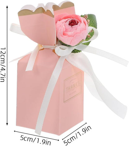 jojofuny 12pcs Floral Treat Boxes with Ribbon Bow Pink Party Favor Boxes for Wedding Birthday Celebrations Bridal Shower Packaging