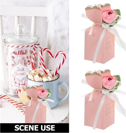 jojofuny 12pcs Floral Treat Boxes with Ribbon Bow Pink Party Favor Boxes for Wedding Birthday Celebrations Bridal Shower Packaging