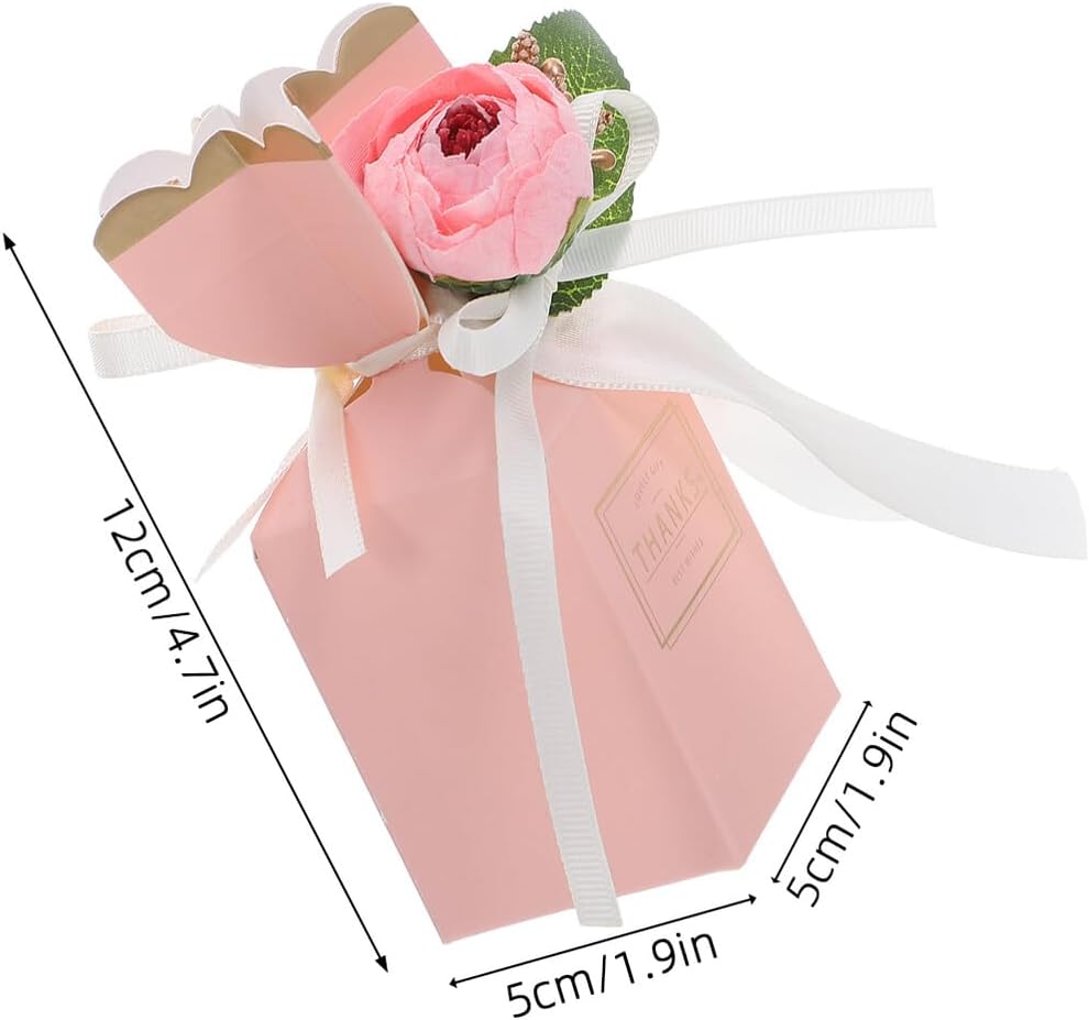 jojofuny 12pcs Floral Treat Boxes with Ribbon Bow Pink Party Favor Boxes for Wedding Birthday Celebrations Bridal Shower Packaging