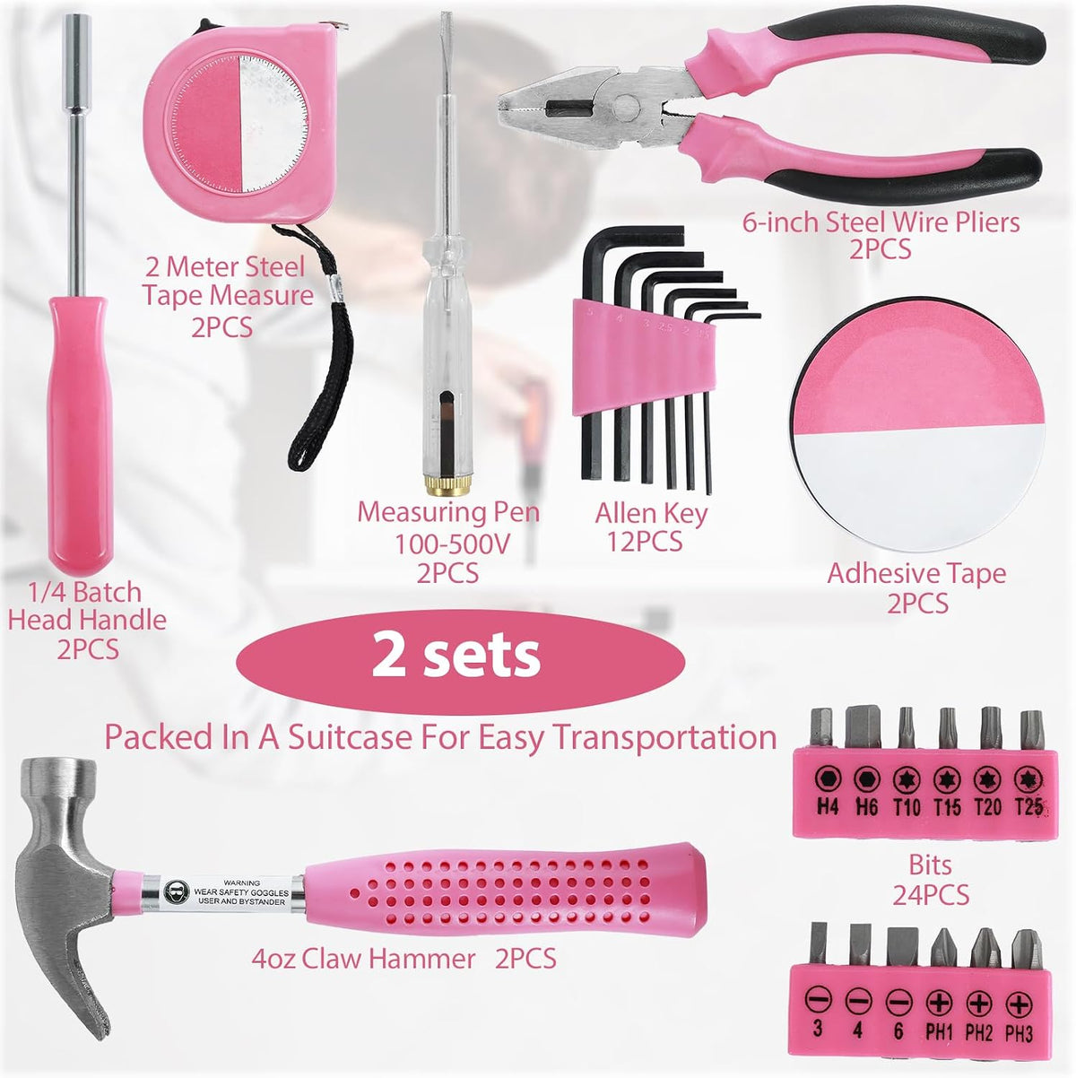 48pcs Small Tool Kit, Pink Mini Tool Kit for Women, Multi-Purpose Home Hand Tool Set with Case, Basic Household Tool Kit for College, Dorm, Office, Garage