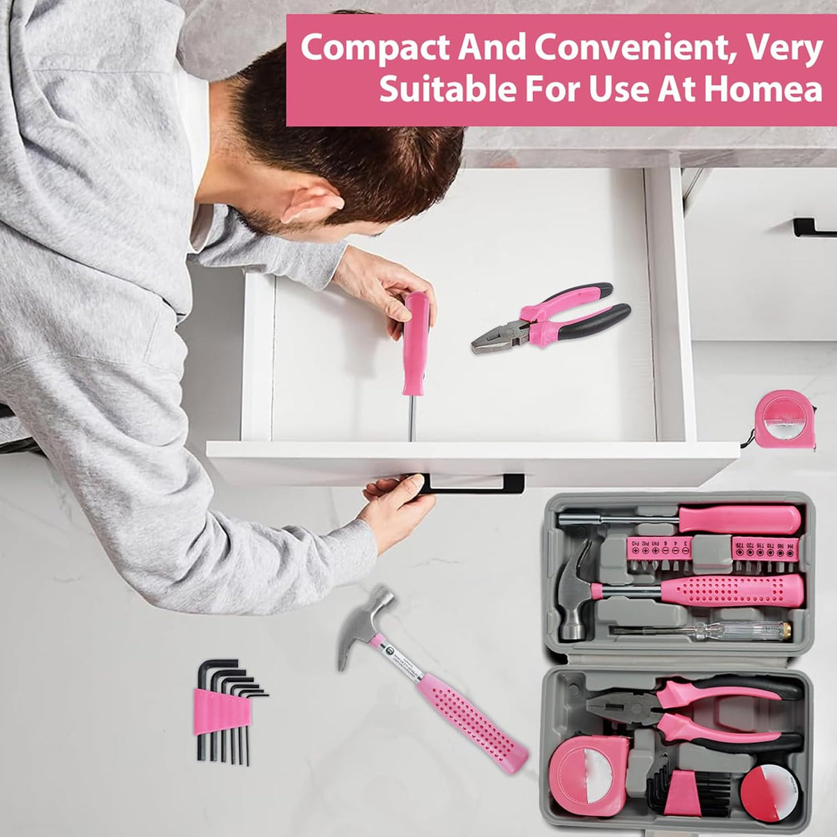 48pcs Small Tool Kit, Pink Mini Tool Kit for Women, Multi-Purpose Home Hand Tool Set with Case, Basic Household Tool Kit for College, Dorm, Office, Garage