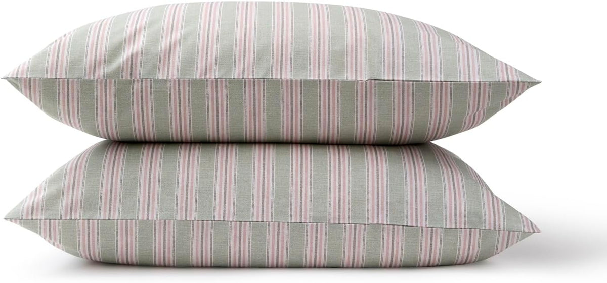 Calder Stripe Standard Pillowcase Set | 100% Cotton | Cool Crisp Cotton Percale | Heritage Inspired Variegated Stripes Design | Bedding Bundle | Pink and Green