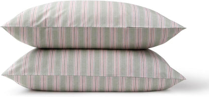 Calder Stripe Standard Pillowcase Set | 100% Cotton | Cool Crisp Cotton Percale | Heritage Inspired Variegated Stripes Design | Bedding Bundle | Pink and Green