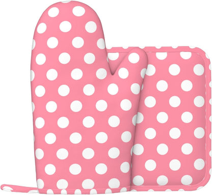Light Pink Polka Dot Print (a) Oven Mitts and Pot Holders Sets - Heat Resistant Silicone Oven Mitts Pot Holders for Kitchen Cooking Baking, Non-Slip Ovens Gloves Hot Pads Potholders