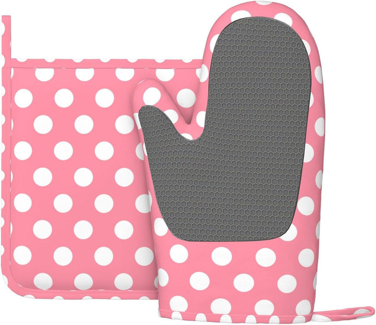Light Pink Polka Dot Print (a) Oven Mitts and Pot Holders Sets - Heat Resistant Silicone Oven Mitts Pot Holders for Kitchen Cooking Baking, Non-Slip Ovens Gloves Hot Pads Potholders