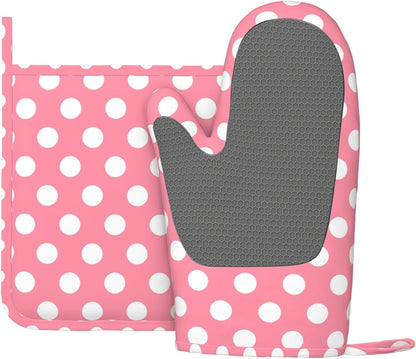 Light Pink Polka Dot Print (a) Oven Mitts and Pot Holders Sets - Heat Resistant Silicone Oven Mitts Pot Holders for Kitchen Cooking Baking, Non-Slip Ovens Gloves Hot Pads Potholders