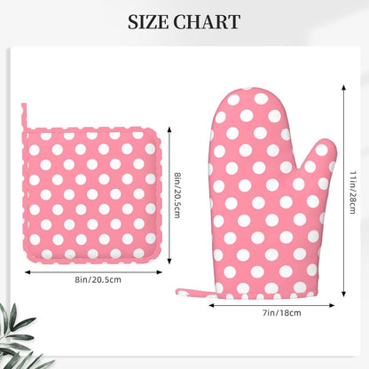 Light Pink Polka Dot Print (a) Oven Mitts and Pot Holders Sets - Heat Resistant Silicone Oven Mitts Pot Holders for Kitchen Cooking Baking, Non-Slip Ovens Gloves Hot Pads Potholders