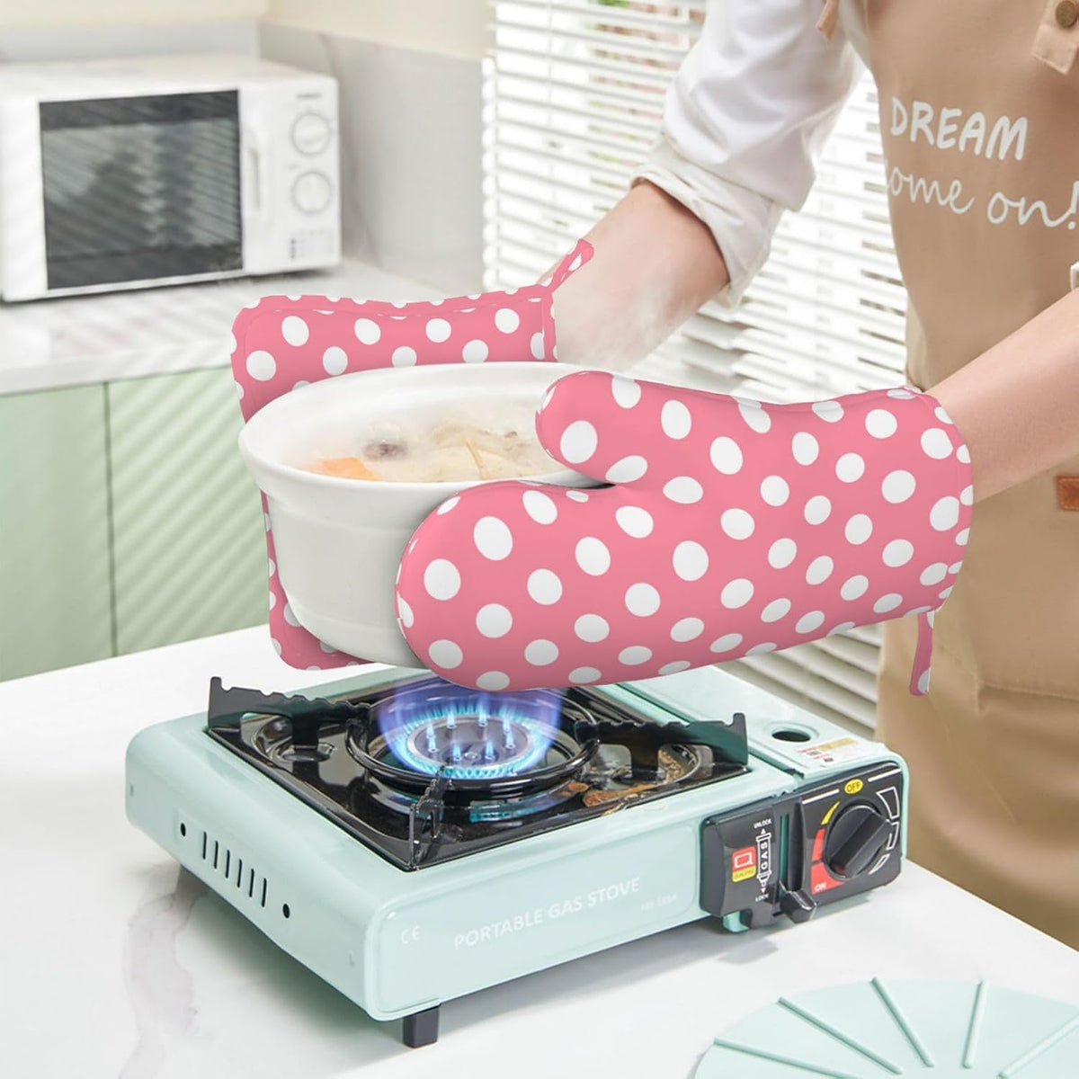 Light Pink Polka Dot Print (a) Oven Mitts and Pot Holders Sets - Heat Resistant Silicone Oven Mitts Pot Holders for Kitchen Cooking Baking, Non-Slip Ovens Gloves Hot Pads Potholders