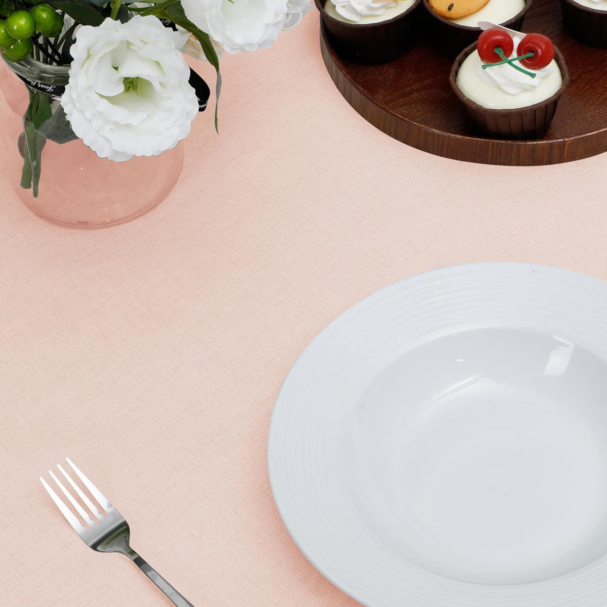 Waterproof Faux Linen Table Cloth, 60 in-Round, Pink