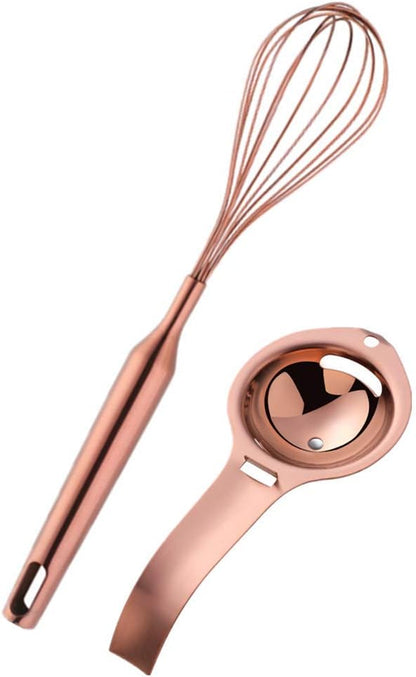 Stainless Steel Balloon Whisks and Egg-Separators Set, 12" Manual Egg-Blender for Cooking Non Scratch Perfect for Kitchen Blending, Whisking, Beating and Stirring, Dishwasher Safe Rose Gold
