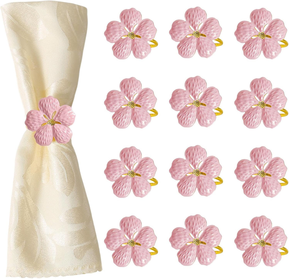 Pink Flower Napkin Rings Set of 12, Metal Floral Napkin Holder Rings with Gold Buckles for Wedding,Spring,Party,Picnics,Banquet,Luncheons,Birthday,Christmas,Valentine's Day Table Decor