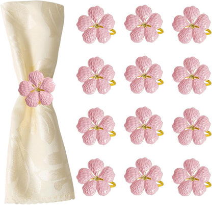 Pink Flower Napkin Rings Set of 12, Metal Floral Napkin Holder Rings with Gold Buckles for Wedding,Spring,Party,Picnics,Banquet,Luncheons,Birthday,Christmas,Valentine's Day Table Decor