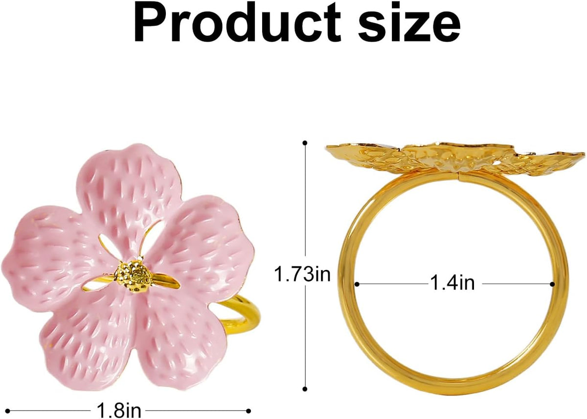 Pink Flower Napkin Rings Set of 12, Metal Floral Napkin Holder Rings with Gold Buckles for Wedding,Spring,Party,Picnics,Banquet,Luncheons,Birthday,Christmas,Valentine's Day Table Decor