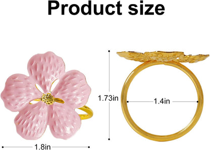 Pink Flower Napkin Rings Set of 12, Metal Floral Napkin Holder Rings with Gold Buckles for Wedding,Spring,Party,Picnics,Banquet,Luncheons,Birthday,Christmas,Valentine's Day Table Decor