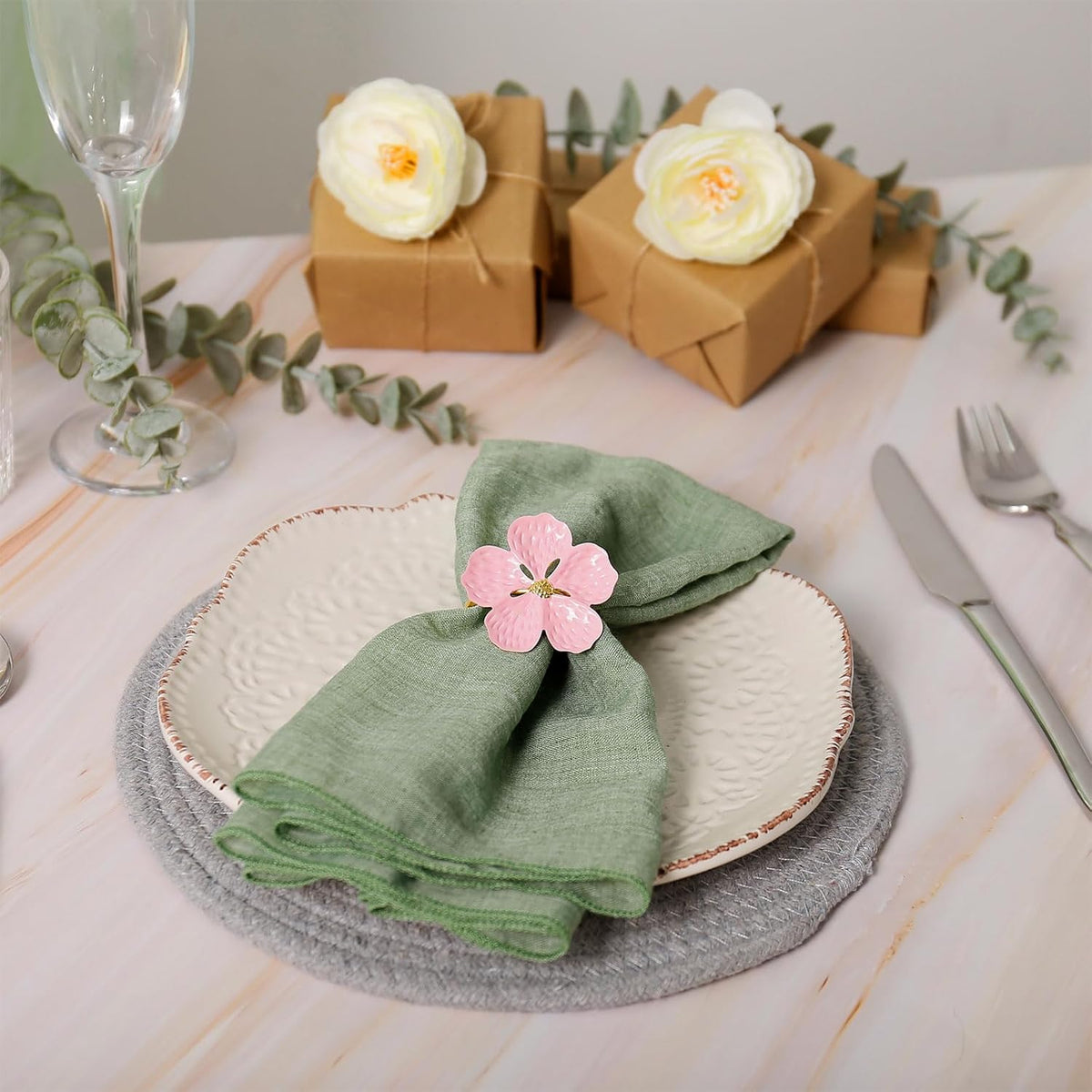 Pink Flower Napkin Rings Set of 12, Metal Floral Napkin Holder Rings with Gold Buckles for Wedding,Spring,Party,Picnics,Banquet,Luncheons,Birthday,Christmas,Valentine's Day Table Decor