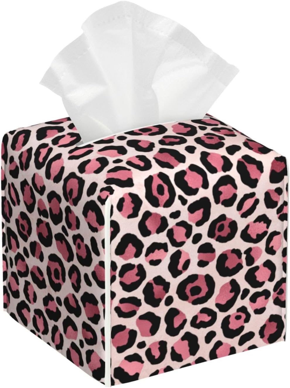 White Pink Leopard Print Tissue Box Cover Square Modern Decorative Tissue Box Holder, Cute Leather Box Cover Car Tissue Holder for Bathroom, Night Stands, Desk, Office Decor