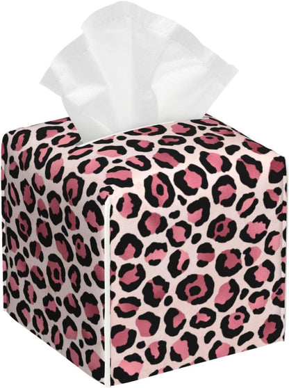 White Pink Leopard Print Tissue Box Cover Square Modern Decorative Tissue Box Holder, Cute Leather Box Cover Car Tissue Holder for Bathroom, Night Stands, Desk, Office Decor