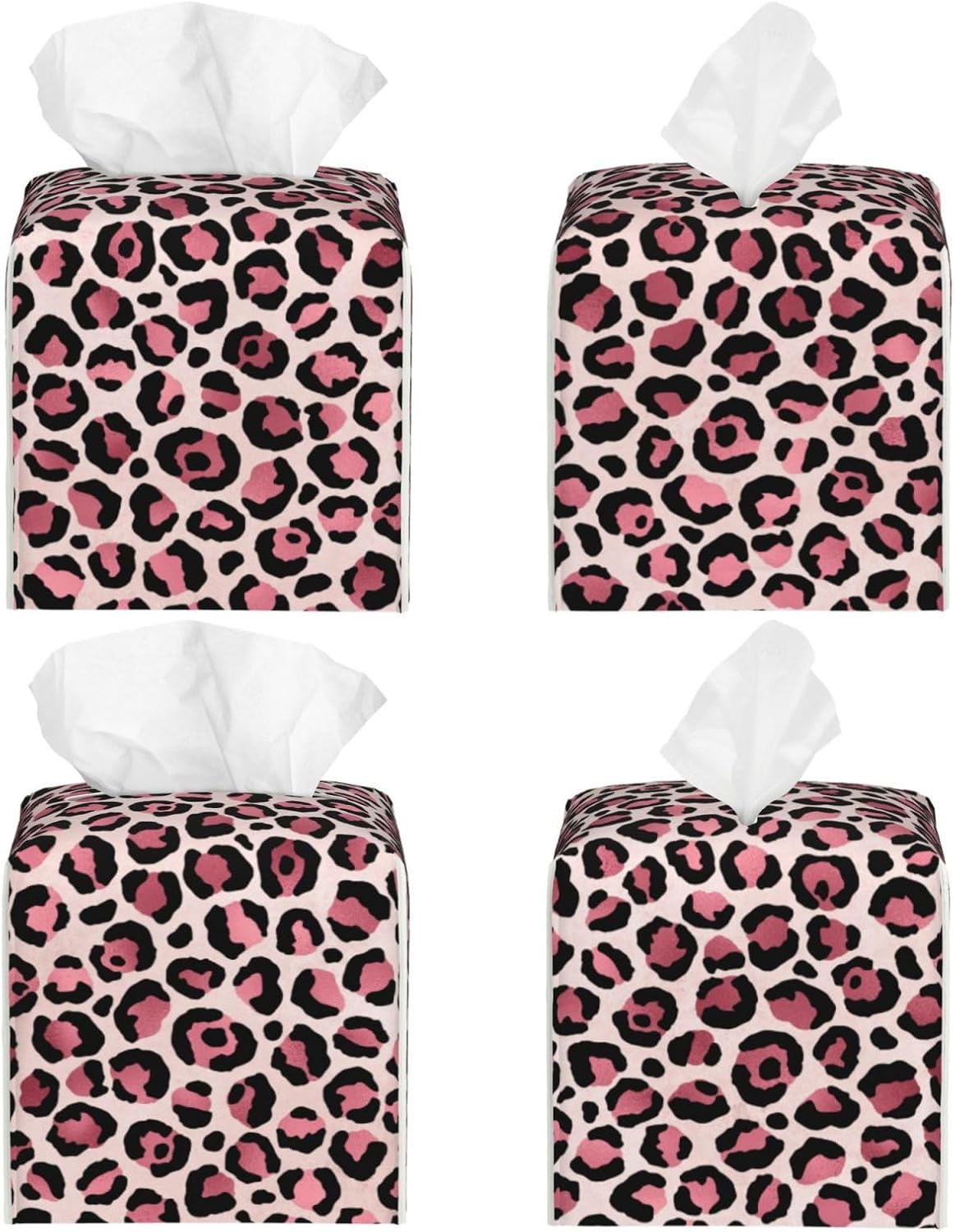 White Pink Leopard Print Tissue Box Cover Square Modern Decorative Tissue Box Holder, Cute Leather Box Cover Car Tissue Holder for Bathroom, Night Stands, Desk, Office Decor