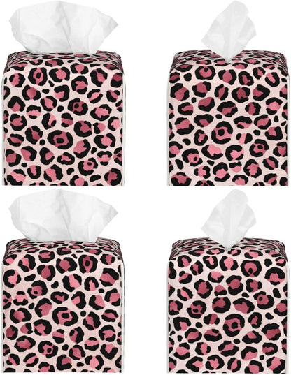 White Pink Leopard Print Tissue Box Cover Square Modern Decorative Tissue Box Holder, Cute Leather Box Cover Car Tissue Holder for Bathroom, Night Stands, Desk, Office Decor