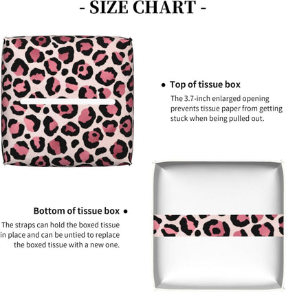 White Pink Leopard Print Tissue Box Cover Square Modern Decorative Tissue Box Holder, Cute Leather Box Cover Car Tissue Holder for Bathroom, Night Stands, Desk, Office Decor