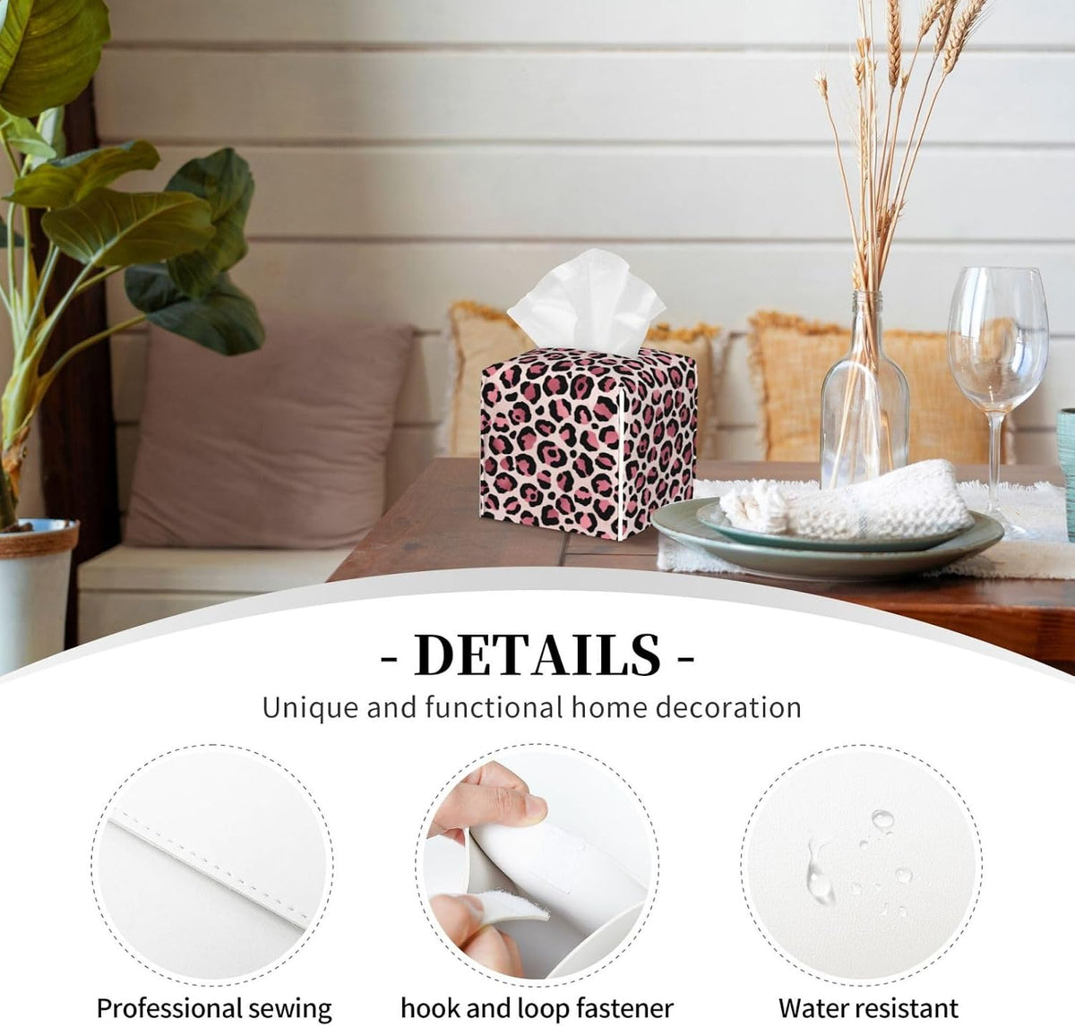 White Pink Leopard Print Tissue Box Cover Square Modern Decorative Tissue Box Holder, Cute Leather Box Cover Car Tissue Holder for Bathroom, Night Stands, Desk, Office Decor