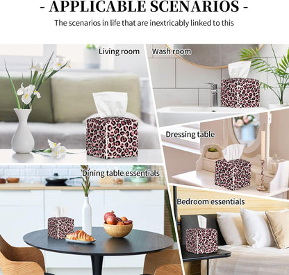White Pink Leopard Print Tissue Box Cover Square Modern Decorative Tissue Box Holder, Cute Leather Box Cover Car Tissue Holder for Bathroom, Night Stands, Desk, Office Decor
