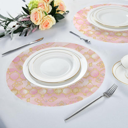 Quatrefoil Pattern Peach Gold Trendy Washable Round placemats for Dining Table Quilted Reversible placemats PVC placemats for Dining Table placemats Easy to Clean Waterproof Summer placemats