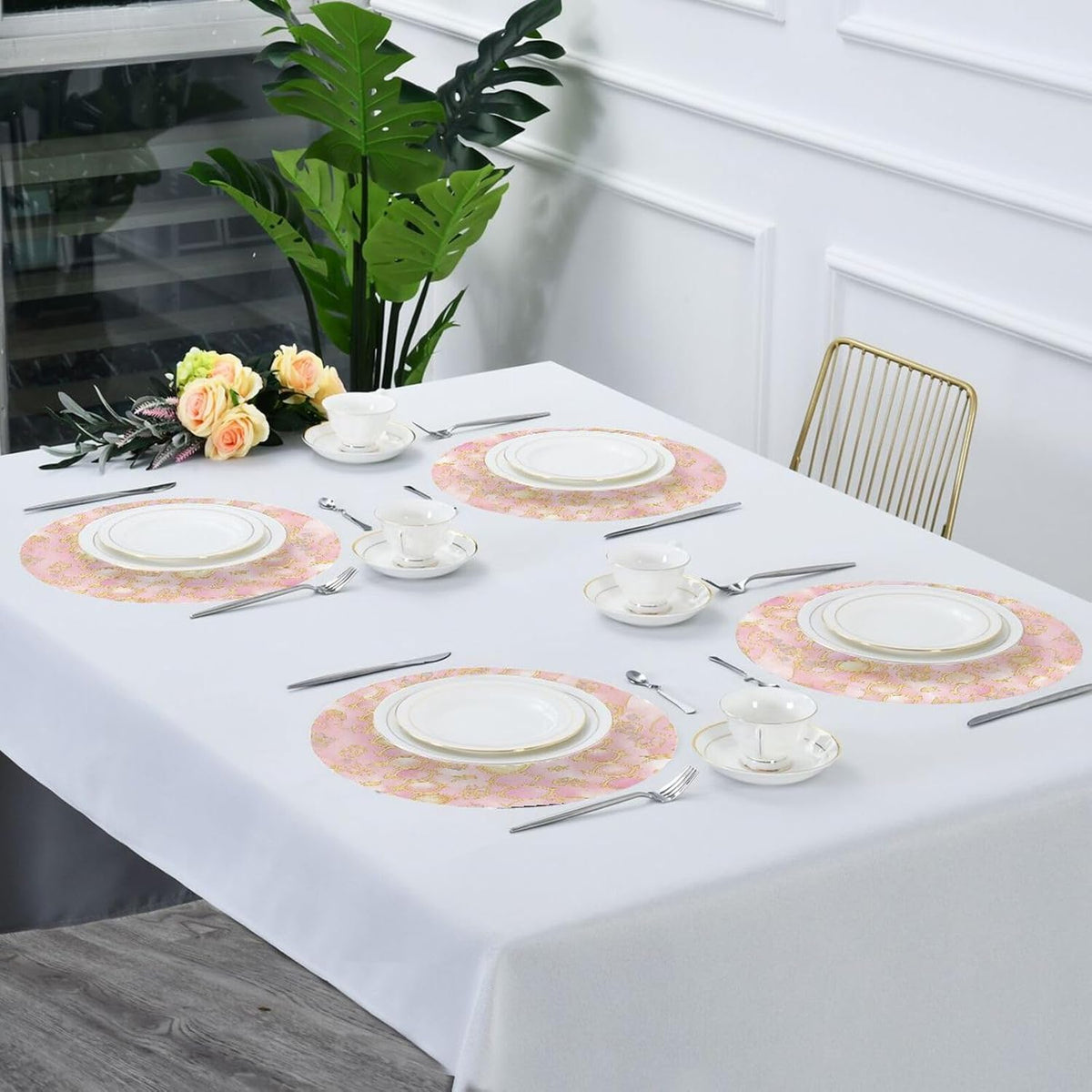 Quatrefoil Pattern Peach Gold Trendy Washable Round placemats for Dining Table Quilted Reversible placemats PVC placemats for Dining Table placemats Easy to Clean Waterproof Summer placemats