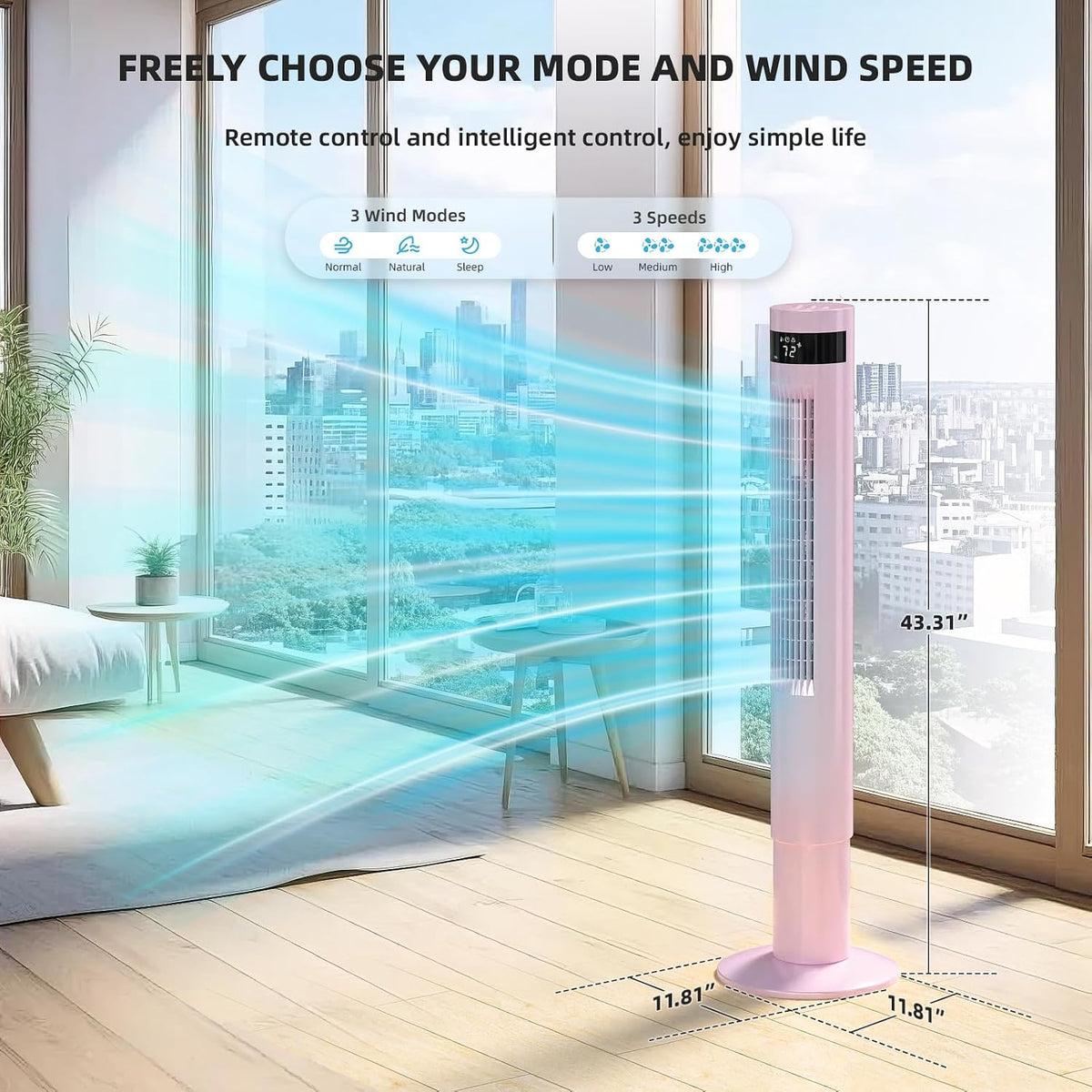 Tower Fan Portable Electric Oscillating Fan Quiet Remote Control Bladeless Floor Fan 3 Wind Speed Mode 12H Timer Bedroom Office, 43 inch, Pink