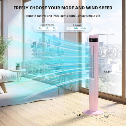 Tower Fan Portable Electric Oscillating Fan Quiet Remote Control Bladeless Floor Fan 3 Wind Speed Mode 12H Timer Bedroom Office, 43 inch, Pink