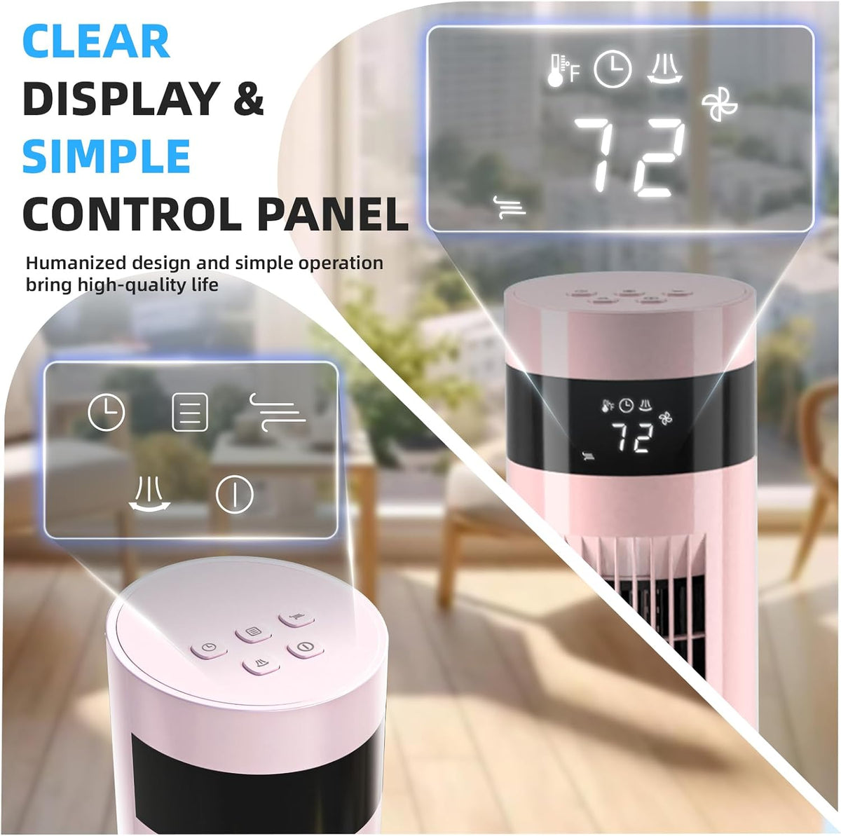 Tower Fan Portable Electric Oscillating Fan Quiet Remote Control Bladeless Floor Fan 3 Wind Speed Mode 12H Timer Bedroom Office, 43 inch, Pink