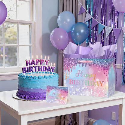 Ombre Birthday Gift Bag for Women Girls Large Pink Purple Blue Glitter Happy Birthday Bag with Wrapping Tissue Paper and Card for Mermaid Unicorn Rainbow Bday Party Supplies Present
