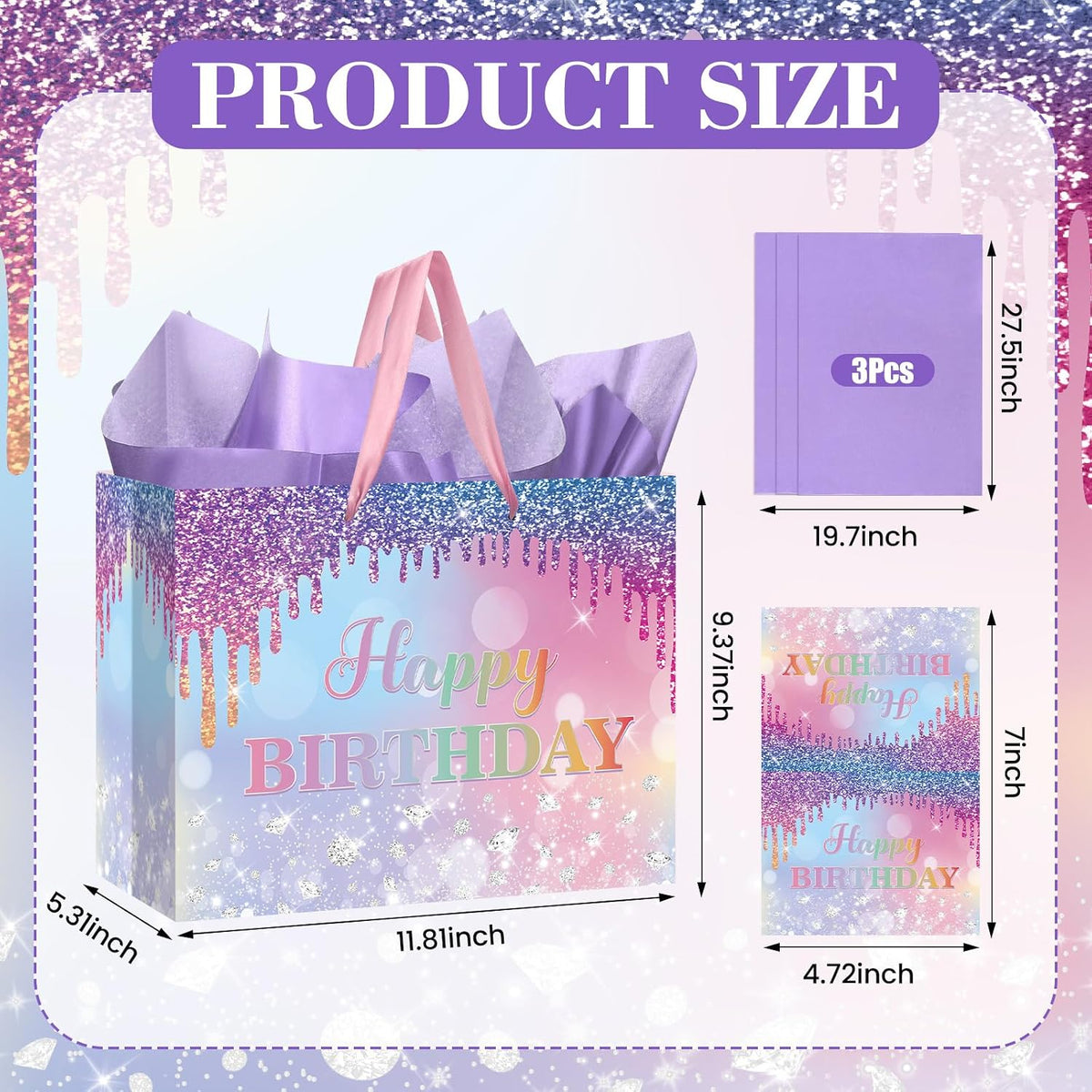 Ombre Birthday Gift Bag for Women Girls Large Pink Purple Blue Glitter Happy Birthday Bag with Wrapping Tissue Paper and Card for Mermaid Unicorn Rainbow Bday Party Supplies Present