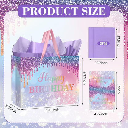 Ombre Birthday Gift Bag for Women Girls Large Pink Purple Blue Glitter Happy Birthday Bag with Wrapping Tissue Paper and Card for Mermaid Unicorn Rainbow Bday Party Supplies Present