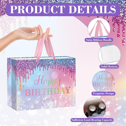 Ombre Birthday Gift Bag for Women Girls Large Pink Purple Blue Glitter Happy Birthday Bag with Wrapping Tissue Paper and Card for Mermaid Unicorn Rainbow Bday Party Supplies Present