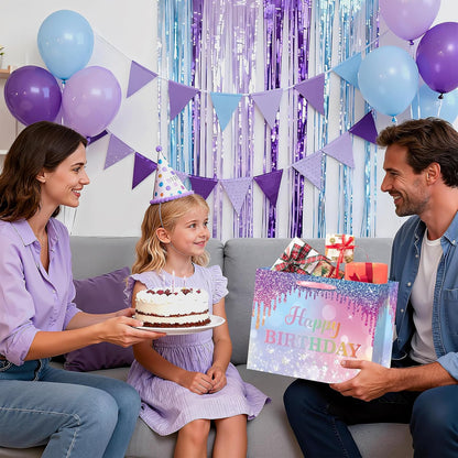 Ombre Birthday Gift Bag for Women Girls Large Pink Purple Blue Glitter Happy Birthday Bag with Wrapping Tissue Paper and Card for Mermaid Unicorn Rainbow Bday Party Supplies Present