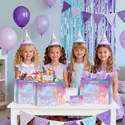 Ombre Birthday Gift Bag for Women Girls Large Pink Purple Blue Glitter Happy Birthday Bag with Wrapping Tissue Paper and Card for Mermaid Unicorn Rainbow Bday Party Supplies Present