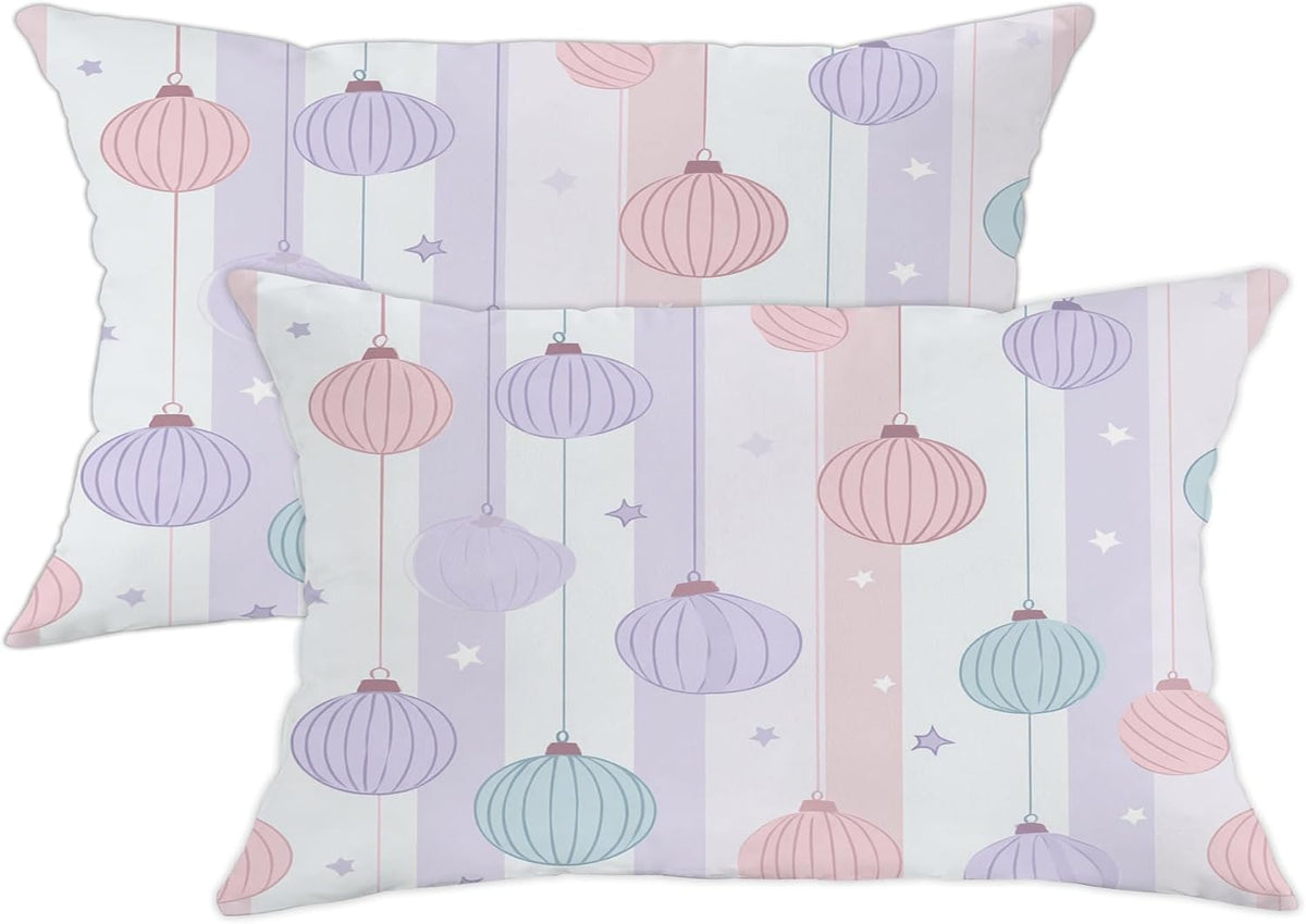 Lantern Throw Pillow Covers Set of 2, Festive Fanciful Stars Stripes Celebration Peach Soft Velvet Washable Pattern Pillow Covers for Living Room Bed Office Sofa Chair Decor 20x12 Inch