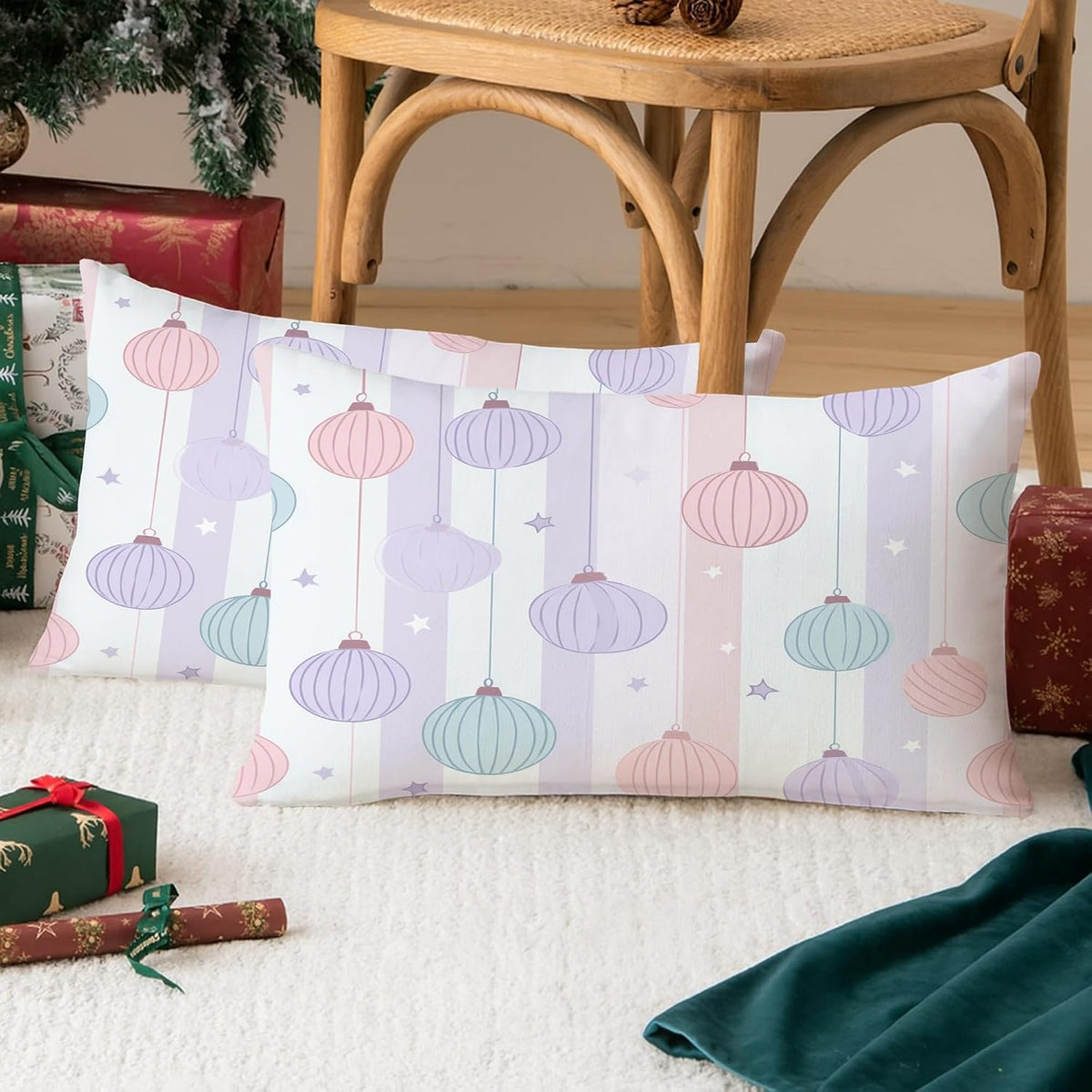 Lantern Throw Pillow Covers Set of 2, Festive Fanciful Stars Stripes Celebration Peach Soft Velvet Washable Pattern Pillow Covers for Living Room Bed Office Sofa Chair Decor 20x12 Inch