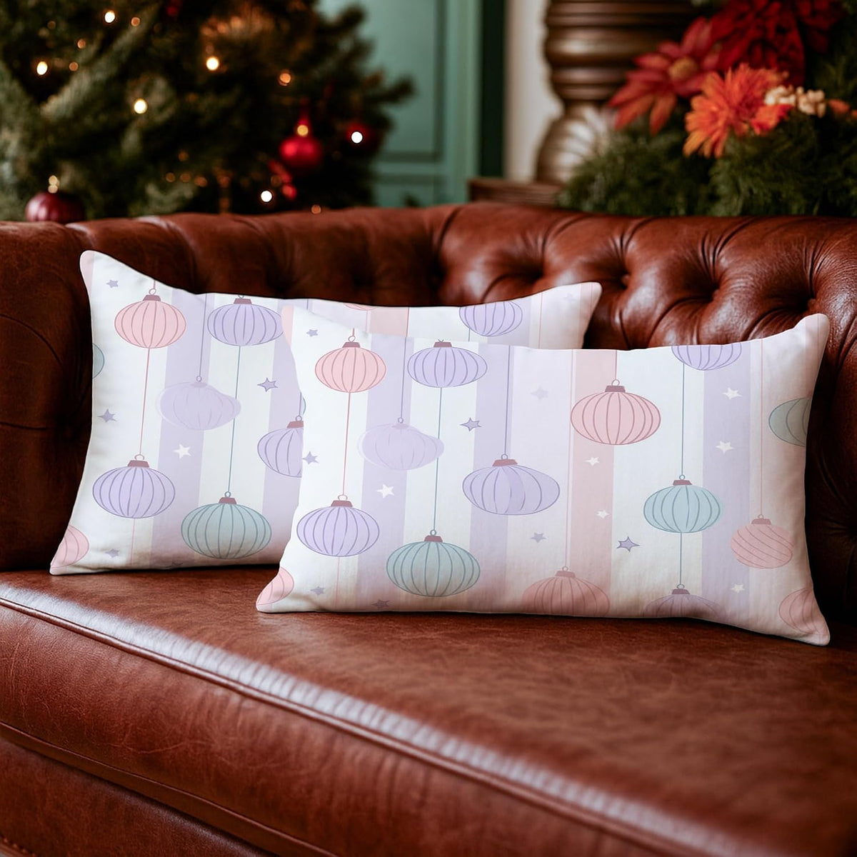 Lantern Throw Pillow Covers Set of 2, Festive Fanciful Stars Stripes Celebration Peach Soft Velvet Washable Pattern Pillow Covers for Living Room Bed Office Sofa Chair Decor 20x12 Inch