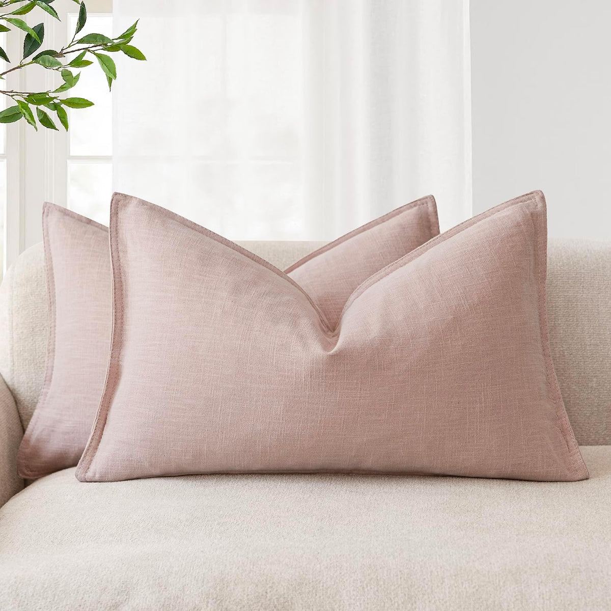 Decorative Linen Lumbar Throw Pillow Covers 12x20 Light Pink
