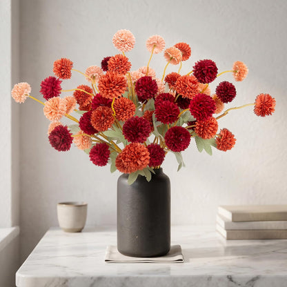 12 Pcs Artificial Chrysanthemum Flowers, Orange Kiku Pom Pom Mums Flower Faux Fall Floral for Autumn Halloween Kitchen Table Centerpiece Home Decor (12, Burgundy, Burnt Orange, Deep Peach)