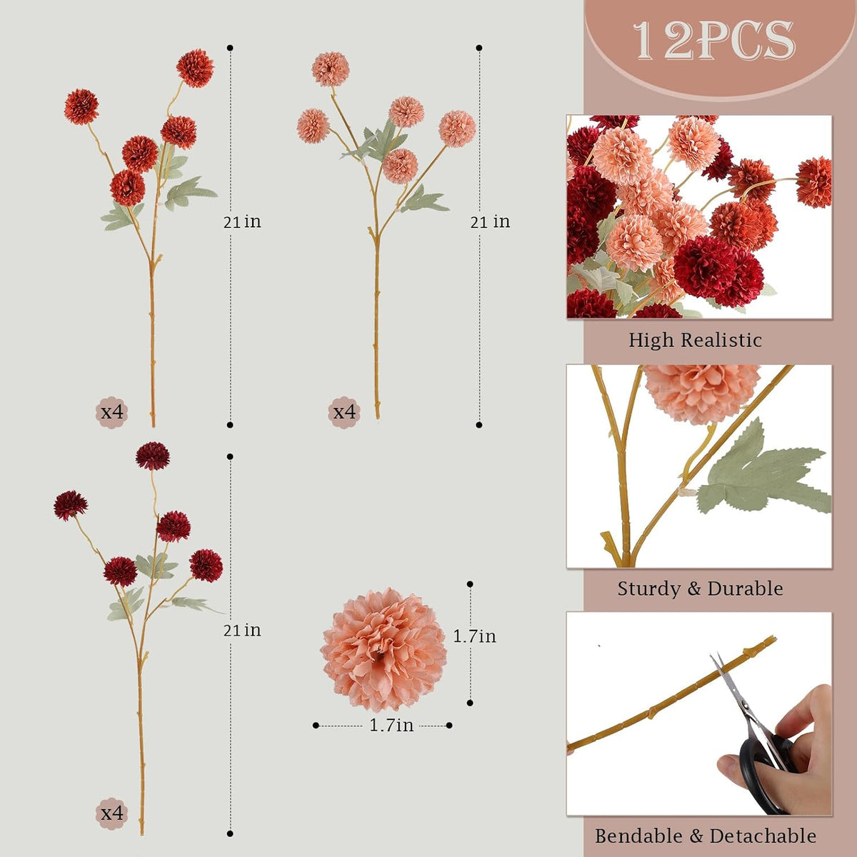 12 Pcs Artificial Chrysanthemum Flowers, Orange Kiku Pom Pom Mums Flower Faux Fall Floral for Autumn Halloween Kitchen Table Centerpiece Home Decor (12, Burgundy, Burnt Orange, Deep Peach)