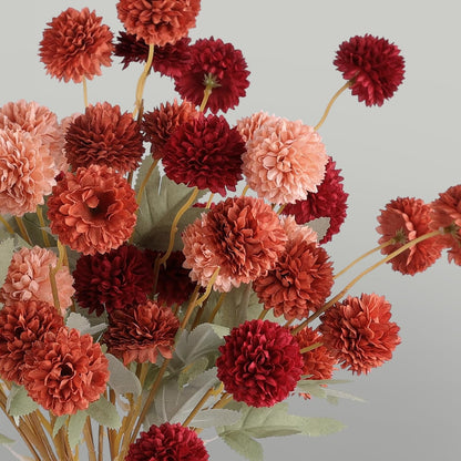 12 Pcs Artificial Chrysanthemum Flowers, Orange Kiku Pom Pom Mums Flower Faux Fall Floral for Autumn Halloween Kitchen Table Centerpiece Home Decor (12, Burgundy, Burnt Orange, Deep Peach)