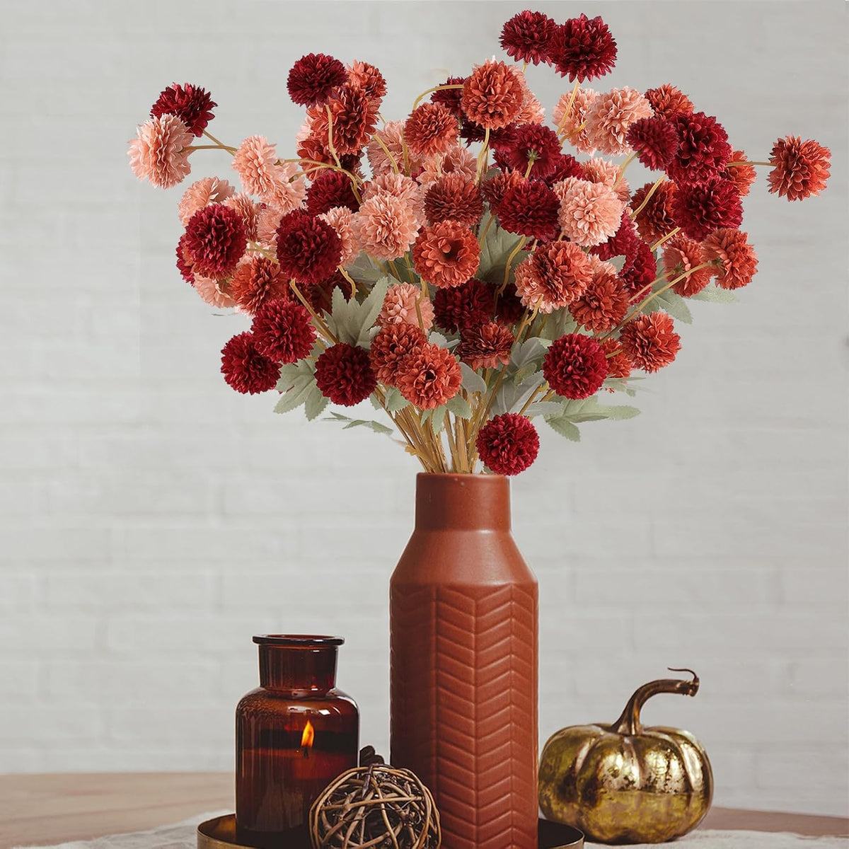 12 Pcs Artificial Chrysanthemum Flowers, Orange Kiku Pom Pom Mums Flower Faux Fall Floral for Autumn Halloween Kitchen Table Centerpiece Home Decor (12, Burgundy, Burnt Orange, Deep Peach)